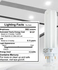 13 Watt Double Tube CFL Light Bulb G24Q-1 4 Pin Base 2700K Warm White 900 Lumens with lighting facts label