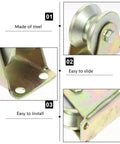 Four Piece Heavy Steel V Groove Caster Wheels For Sliding Gates And Store Doors With Precision Machined Pulley Block shown from different angles.