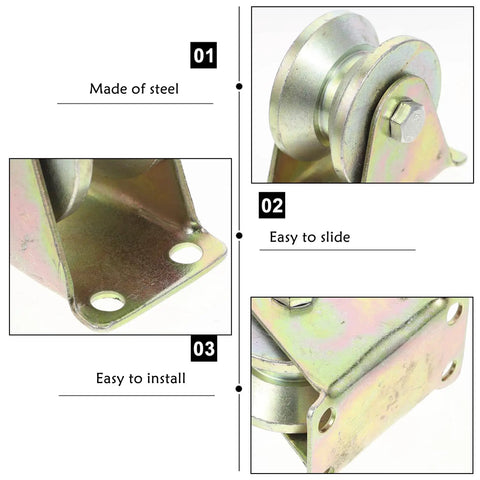 Four Piece Heavy Steel V Groove Caster Wheels For Sliding Gates And Store Doors With Precision Machined Pulley Block shown from different angles.