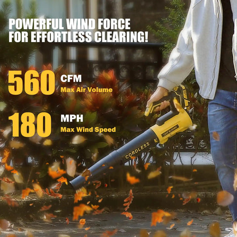 Person using Cordless Leaf Blower With Two 4.0Ah Batteries And Charger, 560 CFM Airflow And 180 MPH Wind for yard cleanup.