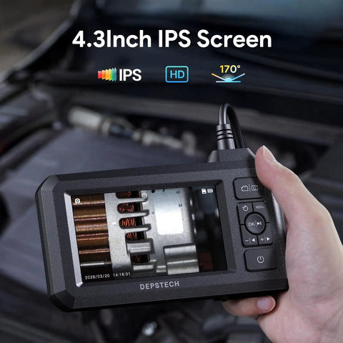 Person using Dual Lens 1080P Endoscope Camera With Light 4.3 Inch IPS Display And 16.5 Foot Snake Cable for engine inspection