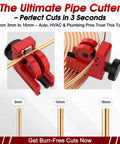 Red pipe cutter demonstrating cutting copper tubing in multiple sizes, suitable for auto and plumbing applications, 3mm to 16mm.