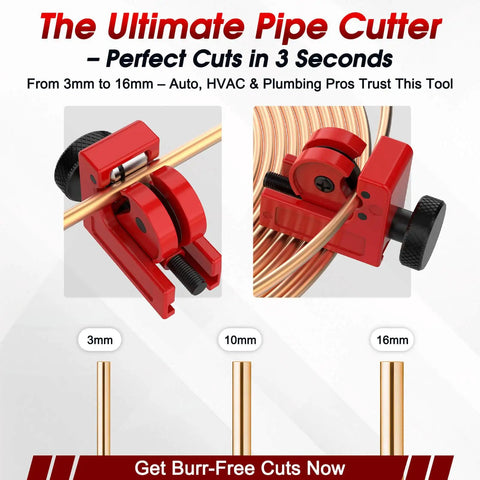Red pipe cutter demonstrating cutting copper tubing in multiple sizes, suitable for auto and plumbing applications, 3mm to 16mm.