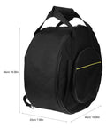 Road Ready Snare Drum Case And Gig Bag With Badass Thickened Padding And Adjustable Shoulder Strap For Smooth Hauling Of Your 14 Or 15 Inch Snare In Sleek Matte Black, shown from the side with dimensions.