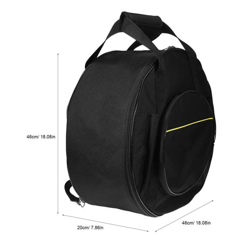 Road Ready Snare Drum Case And Gig Bag With Badass Thickened Padding And Adjustable Shoulder Strap For Smooth Hauling Of Your 14 Or 15 Inch Snare In Sleek Matte Black, shown from the side with dimensions.