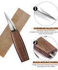 Close-up of whittling knife with chromium alloy steel blade and black walnut handle from Wood Carving Kit With 6 Whittling Knives.