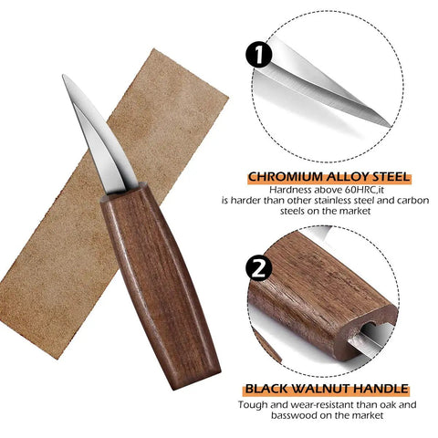 Close-up of whittling knife with chromium alloy steel blade and black walnut handle from Wood Carving Kit With 6 Whittling Knives.