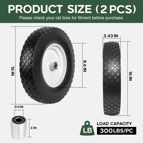 2 Pack 16 Inch Rubber Solid Heavy Duty Flat Free Tires And Wheels For Wheelbarrows Wagons Hand Trucks Trolleys And Garden Carts With 4.80/4.00-8 Size And 3/4 Inch Axle Bore Airless Design Load Rated Up To 300 Lb Per Wheel with dimensions.