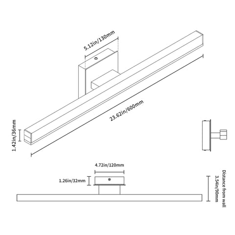 Diagram of Modern Slick LED Vanity Light Fixture For Bathroom Mirror Front Wall Mounted Sconces in Brushed Nickel 23.62 inch dimensions
