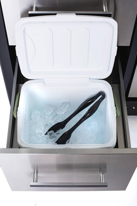 Ice cooler drawer with tongs in the Large 48 Inch Stainless Steel Outdoor Kitchen Island On Wheels With Ceramic Top