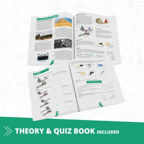 Theory and quiz book included in Hands On Engineering Kit For Kids 9 And Up Levers Linkages And Structures STEM Toys
