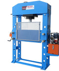 Rock Solid 150 Ton Electric Hydraulic Shop Press With Full Welded H Frame and Safety Guard, blue, for metal bending and auto repair.