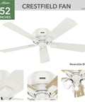 52 Inch Indoor Ceiling Fan With LED Lights And Pull Chain, low profile flush mount, white finish, reversible blades