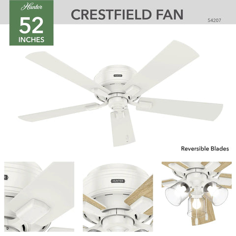 52 Inch Indoor Ceiling Fan With LED Lights And Pull Chain, low profile flush mount, white finish, reversible blades