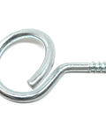 Close-up of a galvanized metal screw hook with a loop and sharp point on a white background.