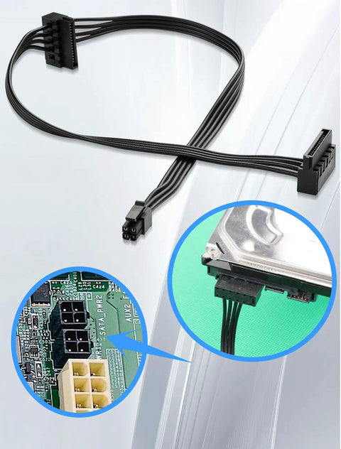 ATX Mini 4 Pin To Dual SATA 15 Pin Adapter Extension Cable For Mechanical HDDs SSDs And Optical Drives Seventeen Point Nine Inch Length, black 20AWG flat cable