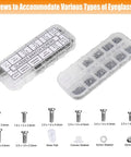 Eyeglasses Repair Kit With Precision Screwdrivers Magnetic Tweezers Replacement Nose Pads And Screws Cleaning Cloth And Multi Tool displayed with screws and organizer box.