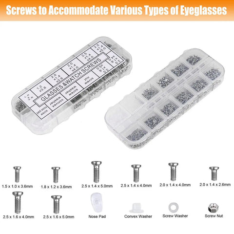 Eyeglasses Repair Kit With Precision Screwdrivers Magnetic Tweezers Replacement Nose Pads And Screws Cleaning Cloth And Multi Tool displayed with screws and organizer box.