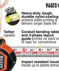Heavy Duty Tape Measure With 30 Foot Double Hook, Double Sided Nylon Reinforced Blade, 13 Foot Standout, Rugged Metal Belt Clip For Contractors, Builders, And DIY Pros with features labeled