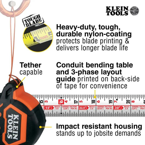 Heavy Duty Tape Measure With 30 Foot Double Hook, Double Sided Nylon Reinforced Blade, 13 Foot Standout, Rugged Metal Belt Clip For Contractors, Builders, And DIY Pros with features labeled