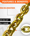 Close-up of yellow zinc-plated G80 Transport Binder Chain Three Eighths Inch Ten Foot Clevis Grab Hooks Safe Working Load 7100 Lbs For Tie Down Towing.