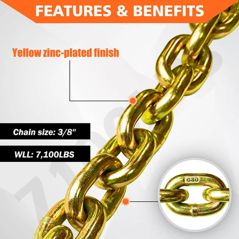 G80 Transport Binder Chain 3/8 Inch By 20 Foot With Clevis Grab Hooks, 7,100 Lbs Safe Working Load, Heavy Duty Logging Tow Tie Down Chain For Truck Trailer And Vehicle Transport Anywhere