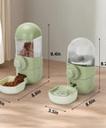 Game Changer Hanging Auto Feeder And Gravity Water Dispenser Combo For Bunnies And Ferrets, green, 9.4in and 8.2in tall, serving food and water.