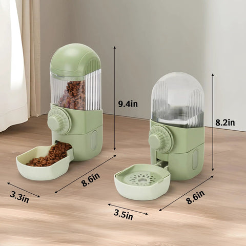 Game Changer Hanging Auto Feeder And Gravity Water Dispenser Combo For Bunnies And Ferrets, green, 9.4in and 8.2in tall, serving food and water.
