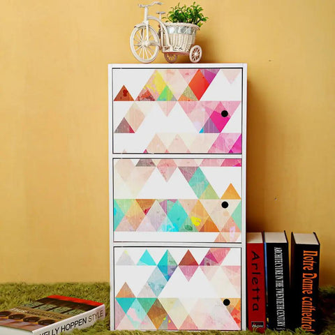 Removable Dope Colorful Geometric Triangle Wall Decals Set on cabinet, vibrant pattern, 250cm by 40cm strip for DIY wall decor