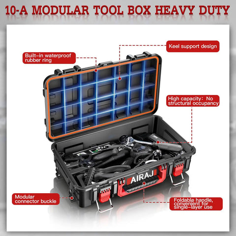 Heavy Duty 3 Tier Rolling Tool Box With Wheels, all terrain waterproof storage system, open view showing internal compartments and tools
