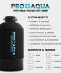 Portable 16,000 Grain Water Softener For RVs, Trailers, Boats And Mobile Washes, black unit with system benefits listed