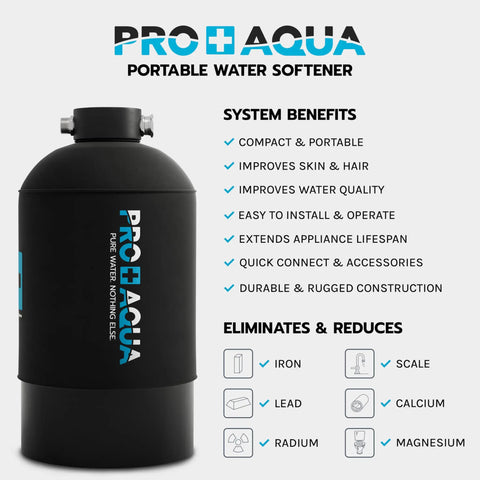 Portable 16,000 Grain Water Softener For RVs, Trailers, Boats And Mobile Washes, black unit with system benefits listed