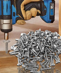 Tough As Nails 410 Stainless Steel Self Tapping Screws Heavy Duty Phillips Head Self Drilling Fasteners For Wood Metal Projects And Furniture Build Out Sixty Piece Assortment Kit and cordless drill in action.