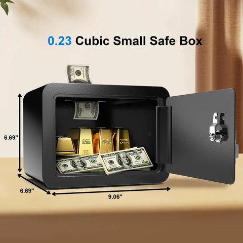 Open Compact Mini Safe Box For Home And Dorms With Key Lock, Secure Cash And Important Documents, Small Lockbox 0.23 Cubic Feet, Black