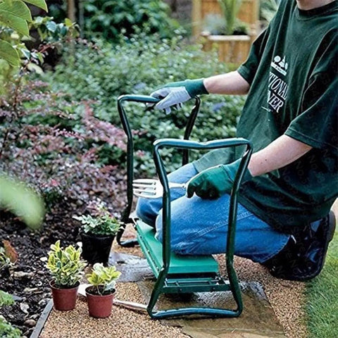 Person using Folding Garden Stool With Cushioned Kneeling Seat Comfortable Garden Bench And Work Stool Includes Two Large Tool Bags