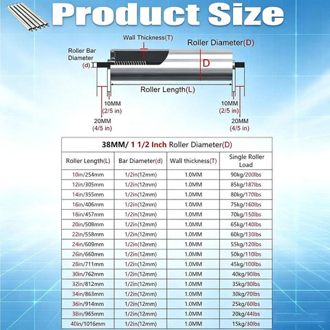 Heavy Duty Conveyor Roller 1.5 Inch Diameter, 18 Inch Length, Galvanized End Silver, Replacement Part for Roller Conveyor Systems, Supports 15 to 100 kg, Low Noise, 201 Stainless Steel Rollers for Garages, Warehouses, Docks, size chart