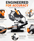 Straight Shooting 10 Inch Sliding Compound Miter Saw Featuring Quick Release Extension Shelf And Smooth 0 To 45 Dual Bevel Pivot, showing ergonomic handle and dual bevel design.