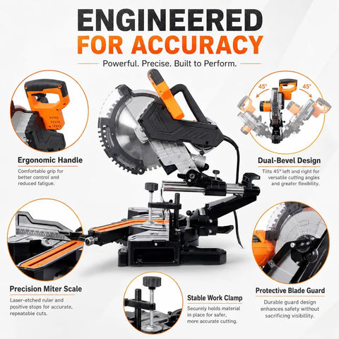 Straight Shooting 10 Inch Sliding Compound Miter Saw Featuring Quick Release Extension Shelf And Smooth 0 To 45 Dual Bevel Pivot, showing ergonomic handle and dual bevel design.