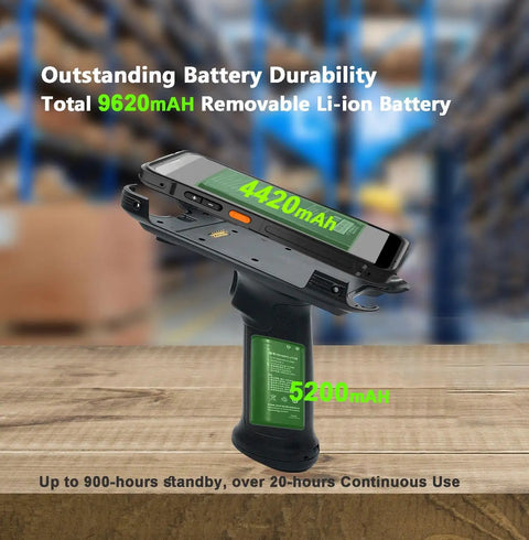 Pistol Grip Android Barcode Scanner For Warehouse Use Rugged Workhorse All Day Battery 4420mAh And 5200mAh with dual removable batteries.