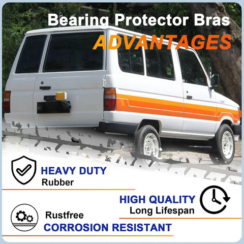 White pickup truck with orange stripe; text highlights heavy-duty rubber and corrosion resistance features of Two Pack 1.98 Inch Rubber Dust Caps For Trailer Bearings Wheel Bearing Protector Replacement Caps Gray Keeps Grease In And Dirt Out For Boat, Truck And Camper Trailers.