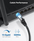 Snagless Short Shielded Cat6A Ethernet Cables 10Gbps 3Ft Pack Of 5 Black for ultra fast LAN networking, plugged into router port.