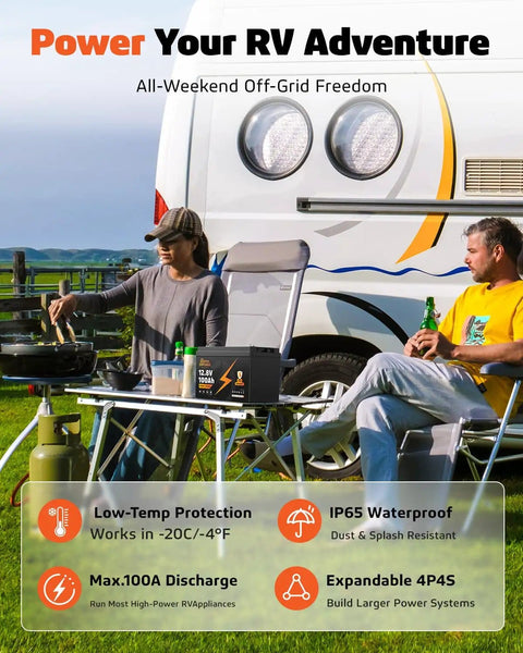 Two people camping with RV, using Heavy-Duty 12V 100Ah LiFePO4 Deep Cycle Battery With Low Temp Protection And 1280Wh of Power.