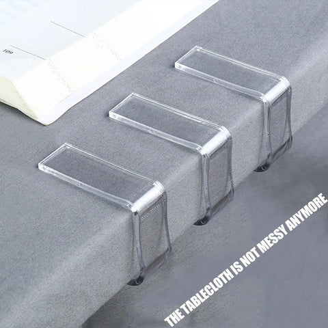 Non Slip Clear Tablecloth Clips 4 Pack Small Size No Drill Tool Free Table Cover Holders on gray cloth edge