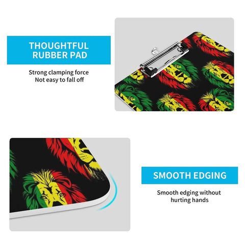 Flag Rasta Print Acrylic Clipboard With Durable Smooth Writing Surface And Clear See Through Deck Holds A4 Or US Letter Papers A dope everyday desk accessory, top clip view