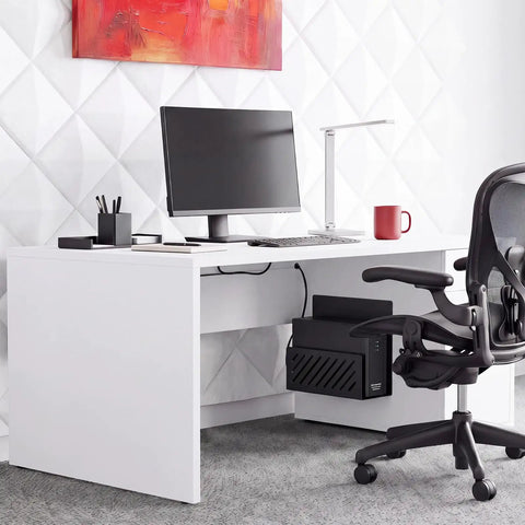 Kick That Clutter To The Curb And Snag Extra Real Estate On Your Desk With This Heavy Duty Steel U P S Wall Mount Rack Compatible With Apc And Cyberpower Battery Backups For Compact Pc in modern office setting.