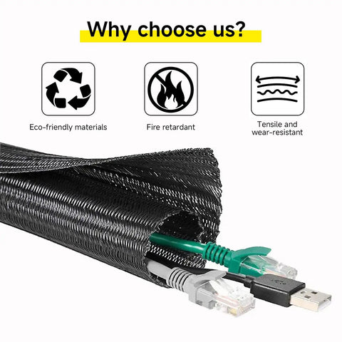 10 Ft 1 In Split Cable Loom Hider For USB And Power Cords, black sleeve with cables, eco-friendly, fire retardant, tensile resistant