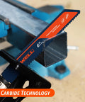 2 Pack Tungsten Carbide Reciprocating Saw Blades 8 TPI cutting metal pipe in vice, 6-inch for thick metal industrial use