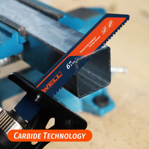 2 Pack Tungsten Carbide Reciprocating Saw Blades 8 TPI cutting metal pipe in vice, 6-inch for thick metal industrial use