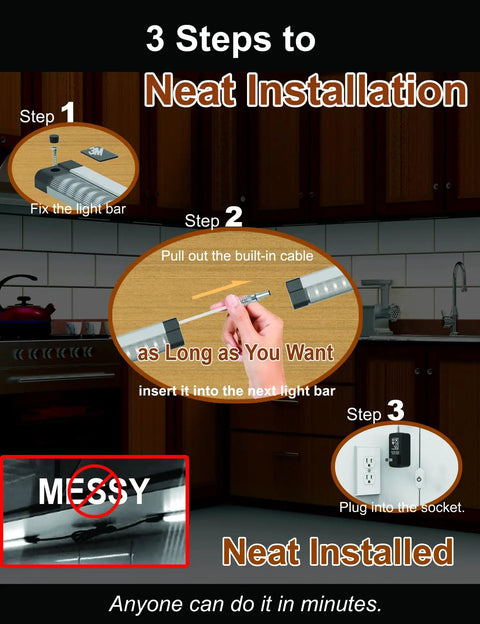Installation guide for Under Cabinet LED Lighting Kit With Built In Adjustable Cable No Mess Wires Three Panel Under Counter Lights.