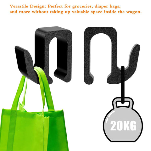 Multipurpose Side Hooks For Wonderfold Wagon W4, 2 Pack Durable Wagon Accessories holding green bag and weight illustration